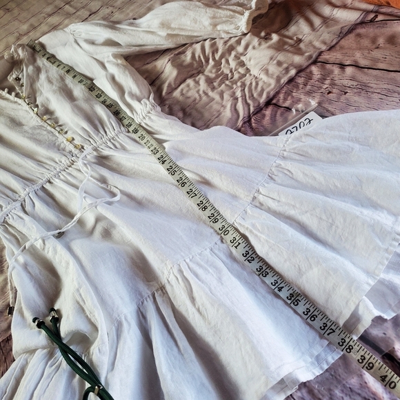 Aribella White Peasant Linen Midi Dress Bohemian Long Sleeves Front Button Mediu - Picture 9 of 10
